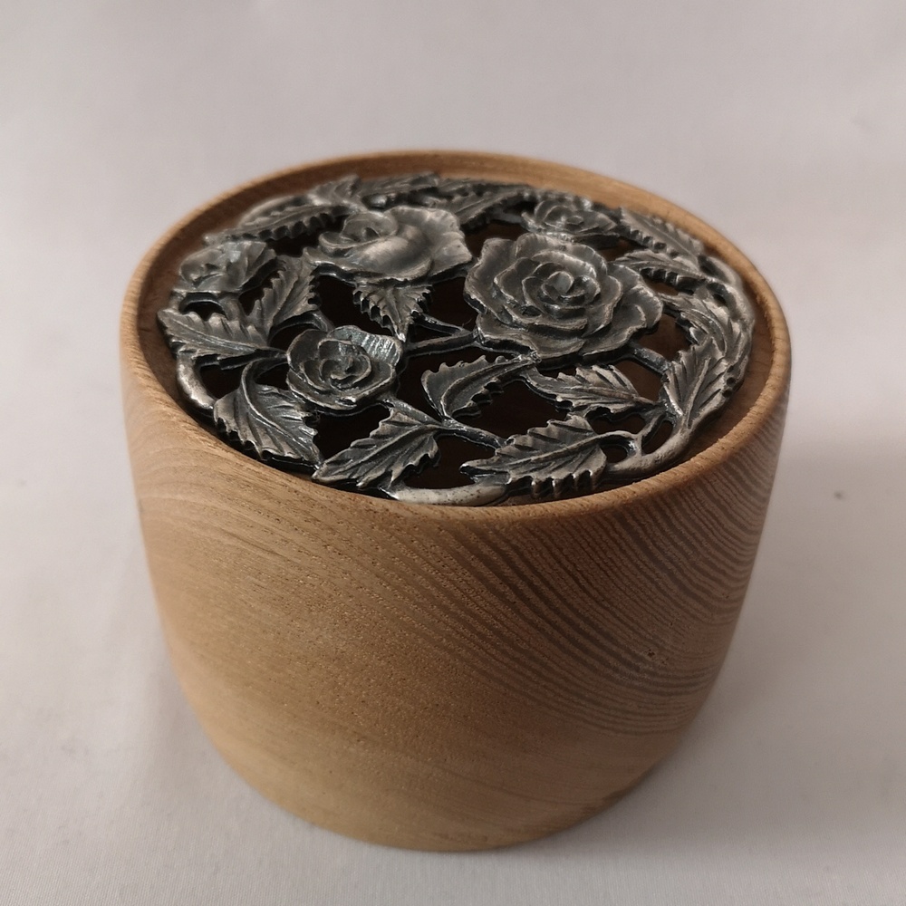 Lovely Vintage Wood Turned Box by F.W. Kristoff with Pewter Top Rose Pattern